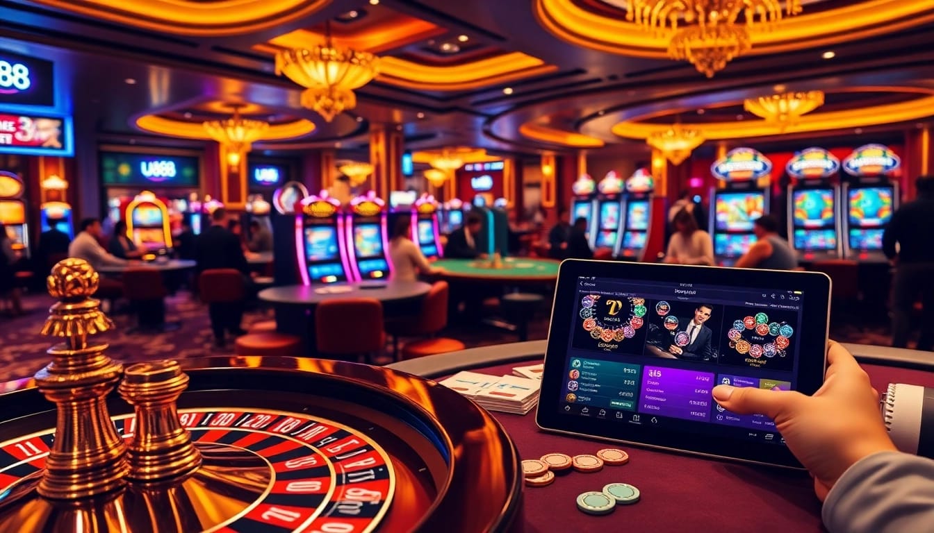 Experience thrilling gambling action at U888 with poker tables, roulette wheels, and vibrant poker chips.