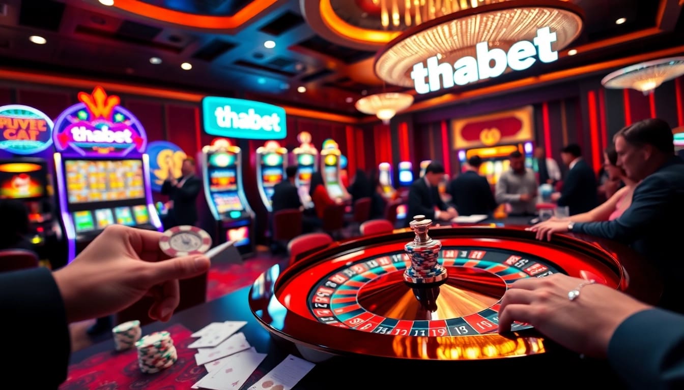Thrilling casino atmosphere featuring a 'thabet' roulette table amidst vibrant gambling activity.