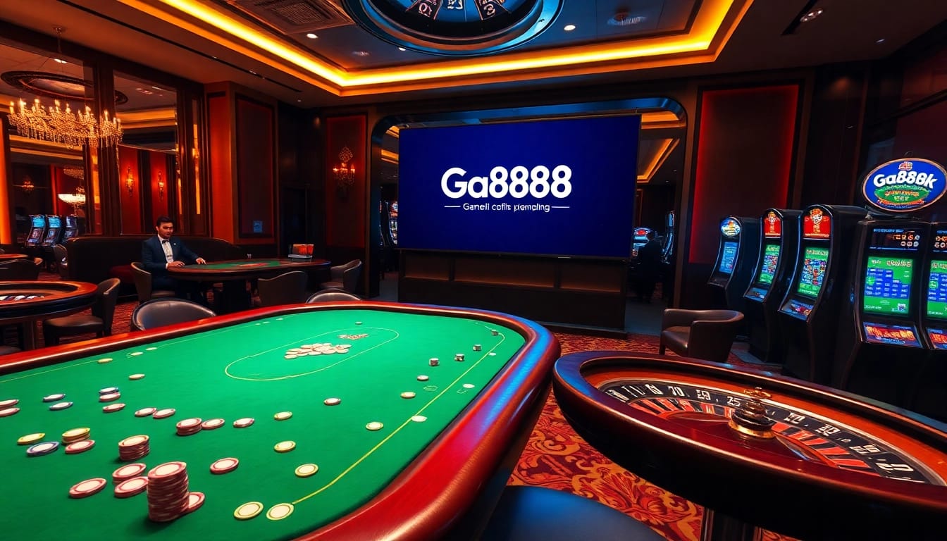 Ga888 online gambling experience with a luxurious casino ambiance showcasing poker and roulette.
