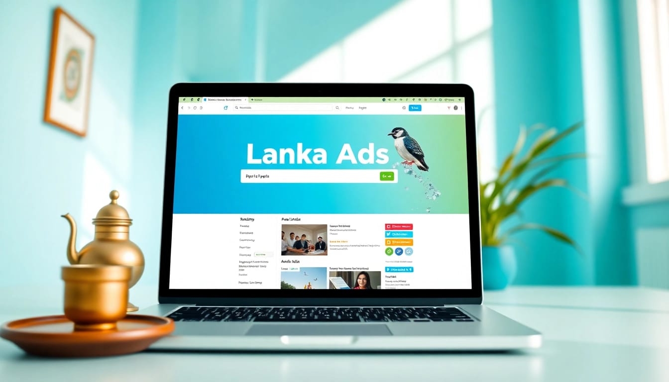 Lanka Ads platform on a laptop in a bright workspace with Sri Lankan cultural elements.