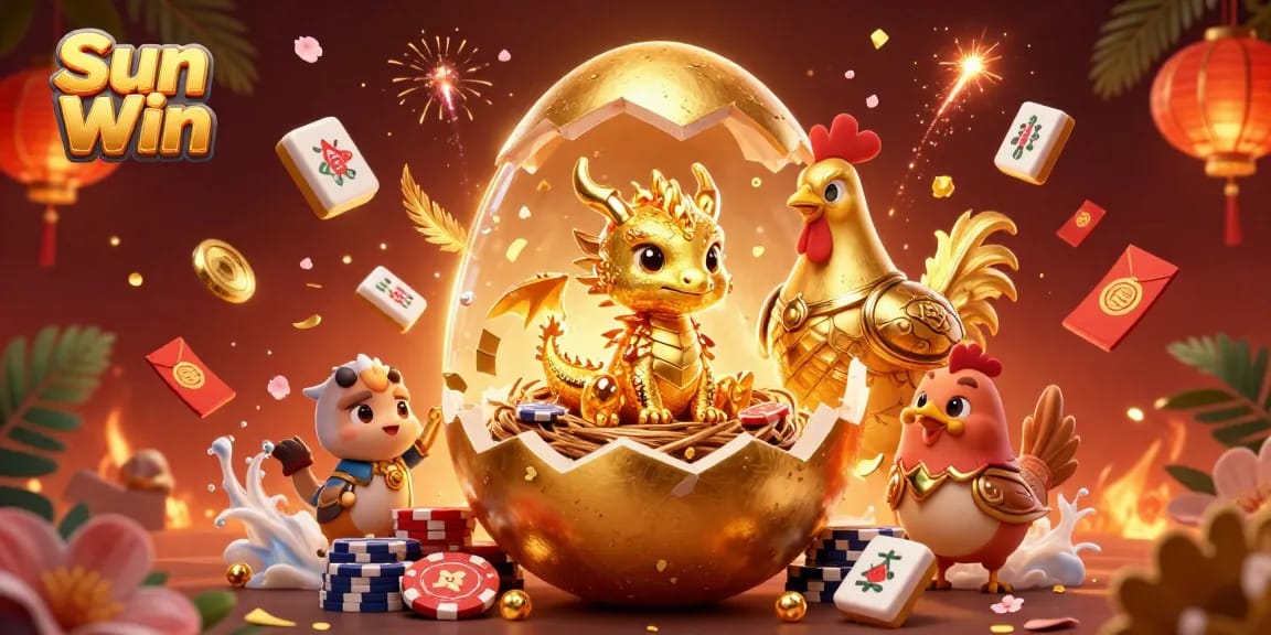 Play exciting games at Sun Win with a golden dragon and vibrant casino elements shining brightly.