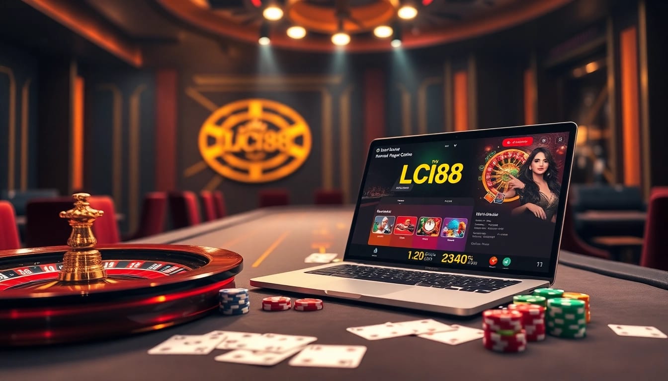 Engaging scene of Nhà Cái LC88 online casino with vibrant poker chips and roulette.