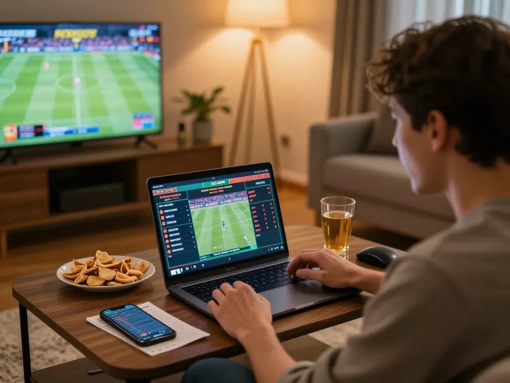Engaging in sports betting at home using U888 apps on laptop and smartphone, showcasing a vibrant gaming atmosphere.