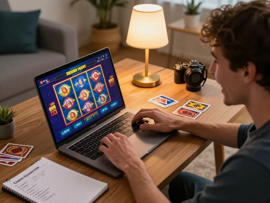 Player exploring exciting slot games on FO88 online casino from home with strategy notes