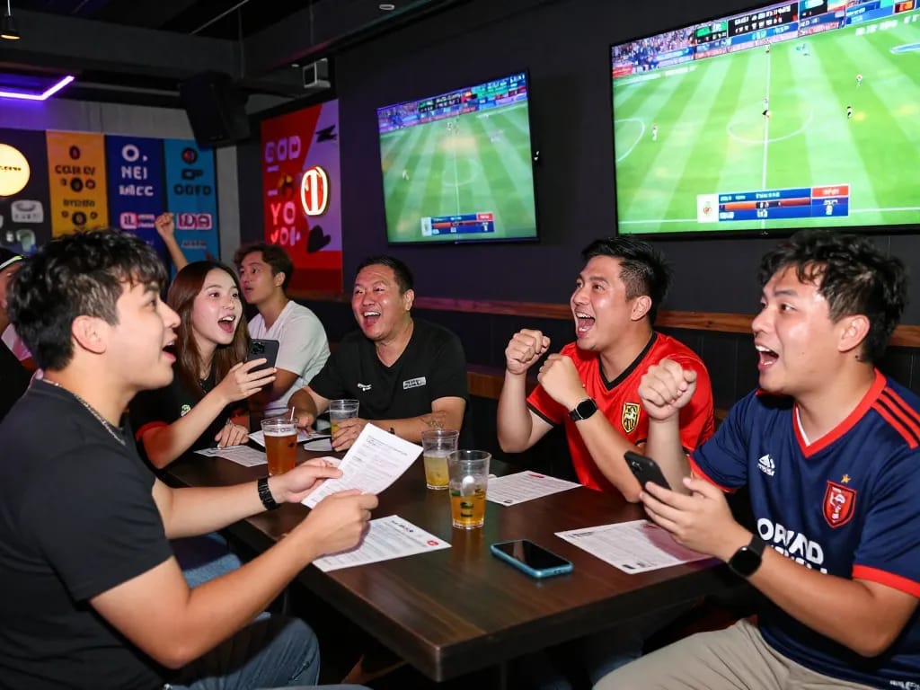 Exciting sports betting atmosphere with kèo nhà cái updates during a lively football match.