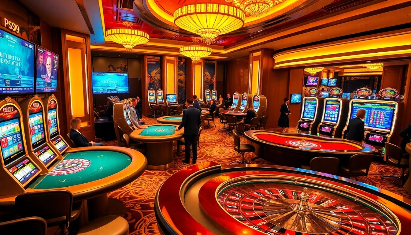 Exciting PS99 casino scene featuring luxurious tables and vibrant slot machines for gamers.