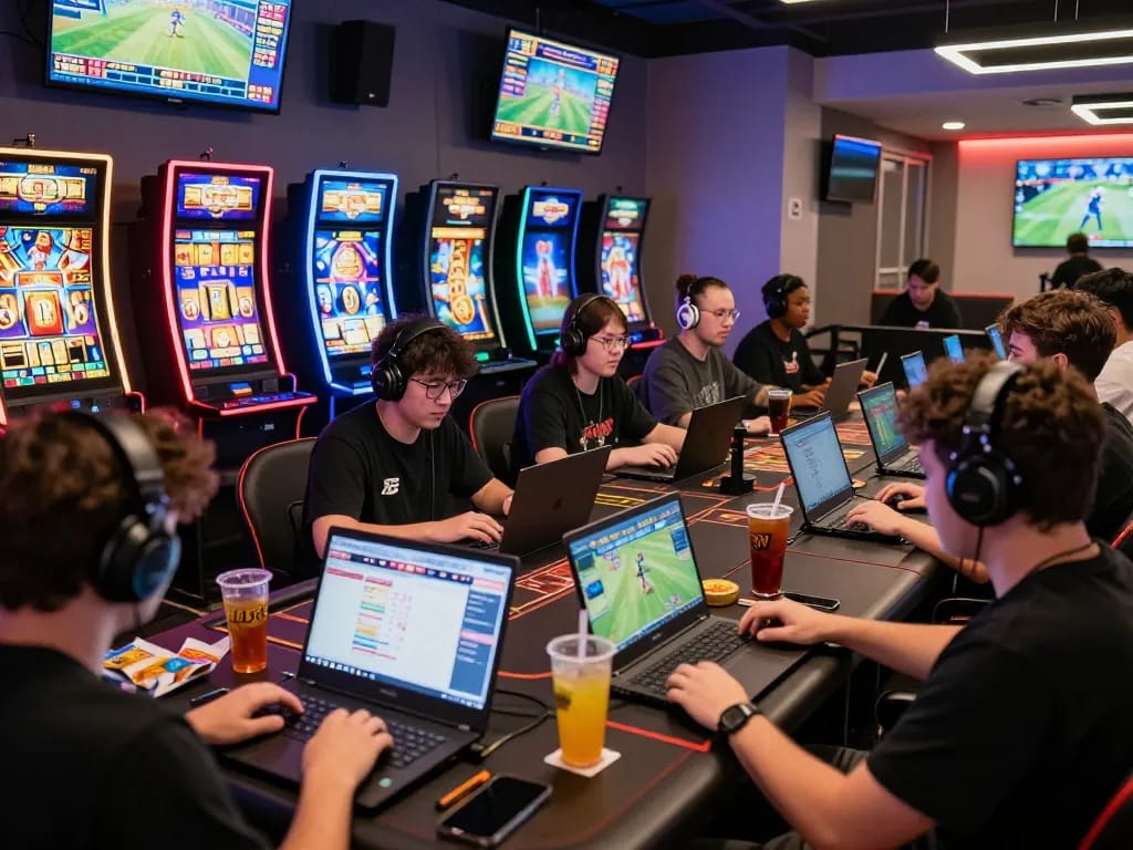 Players enjoying thrilling sunwin online gaming in a vibrant lounge with colorful game graphics.