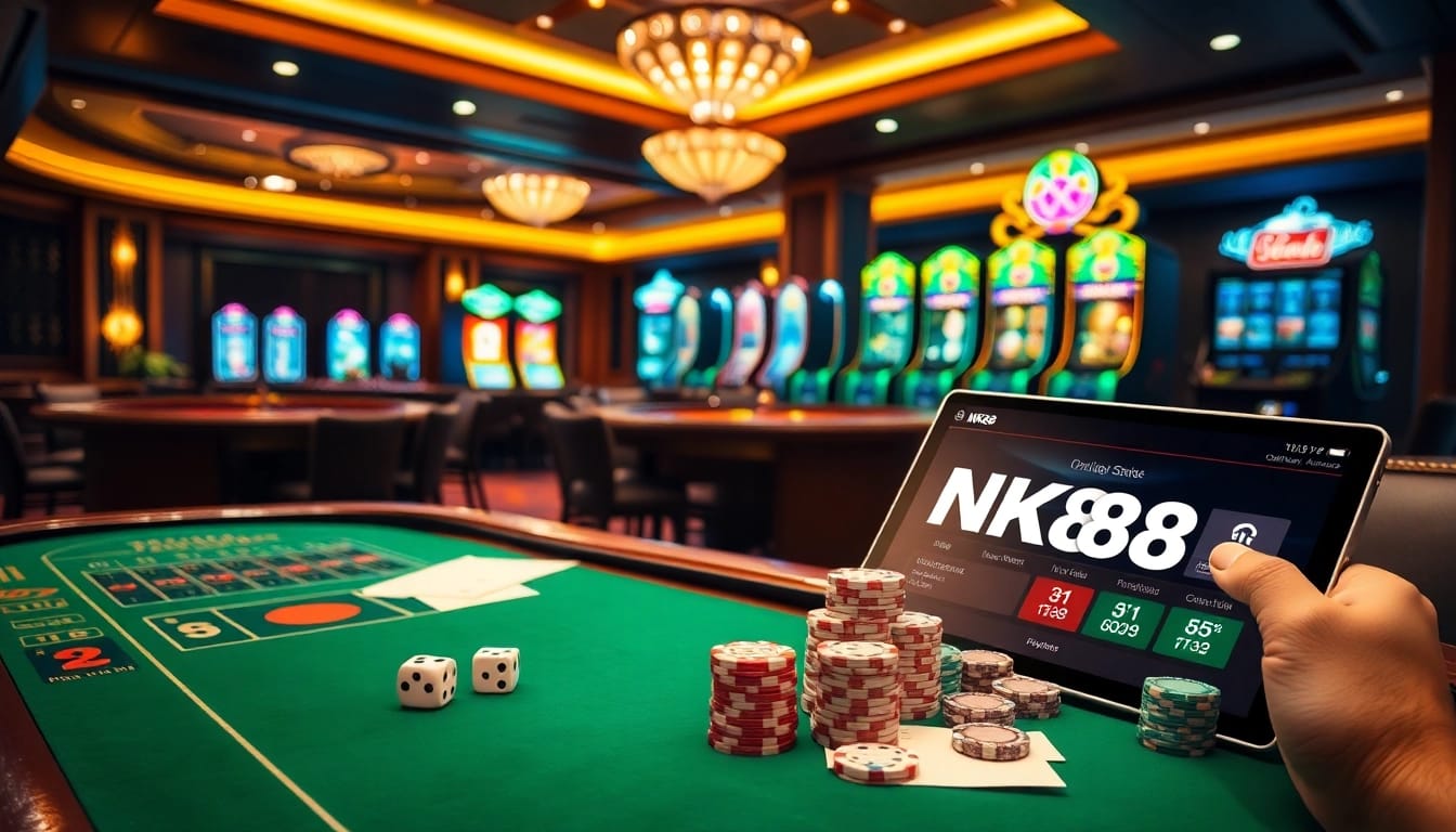 Experience the thrill of NK88 with a luxurious casino atmosphere showcasing poker, dice, and roulette.
