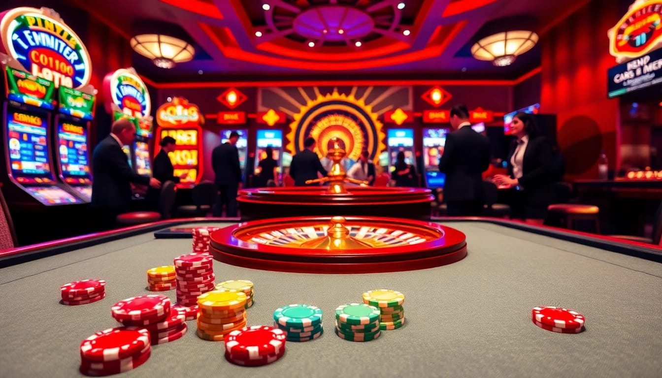 Players enjoy thrilling games at KP88, featuring vibrant casino tables and colorful poker chips.