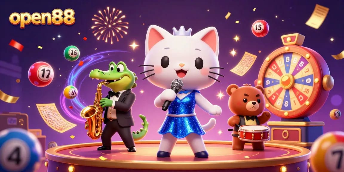 Experience the vibrant energy of open88 with cartoon characters surrounded by lottery elements and festive visuals.