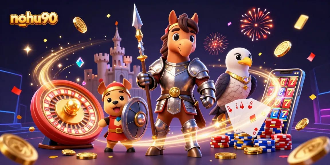 Engage with the thrilling world of nohu90 casino featuring knights and a puppy amidst casino elements.