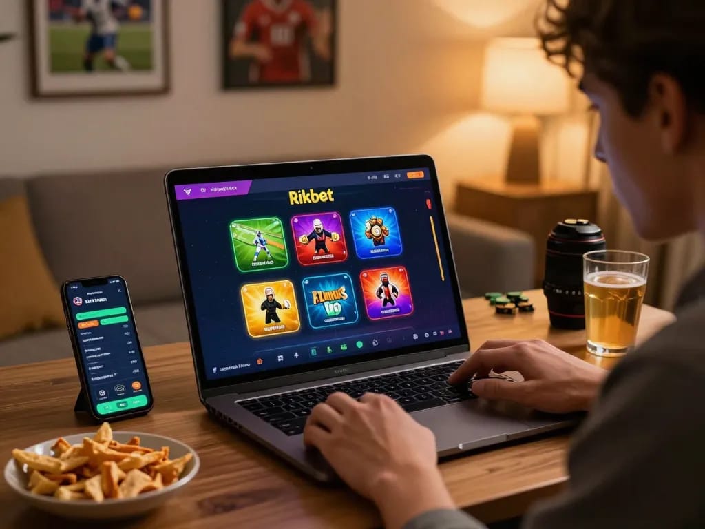 Engaging user navigating Rikbet online betting platform with sports icons