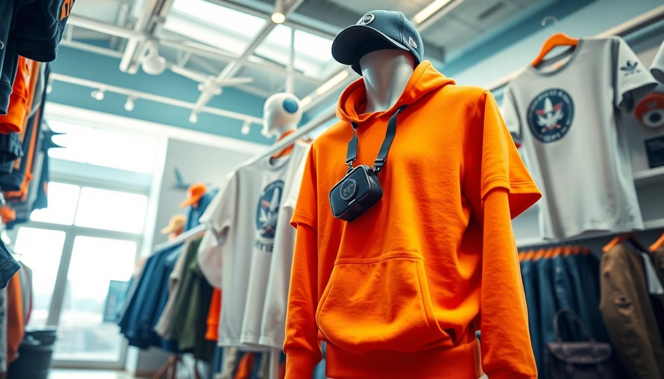 FLY88 aviation-inspired apparel collection in a stylish store setting, featuring modern clothing.