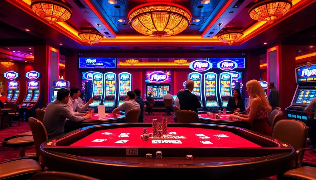 Fly88 players enjoying a thrilling casino experience with vibrant games and slot machines.