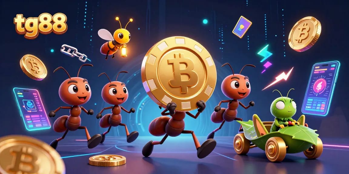 tg88 showcases a thrilling scene of cartoon ants heisting a giant poker chip amid vibrant casino elements.