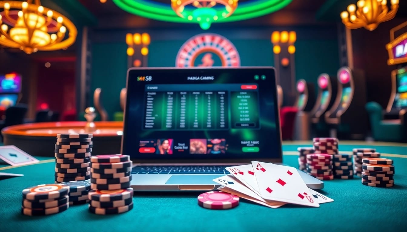 S8 online gambling interface with poker chips and a roulette wheel, creating an engaging casino atmosphere.