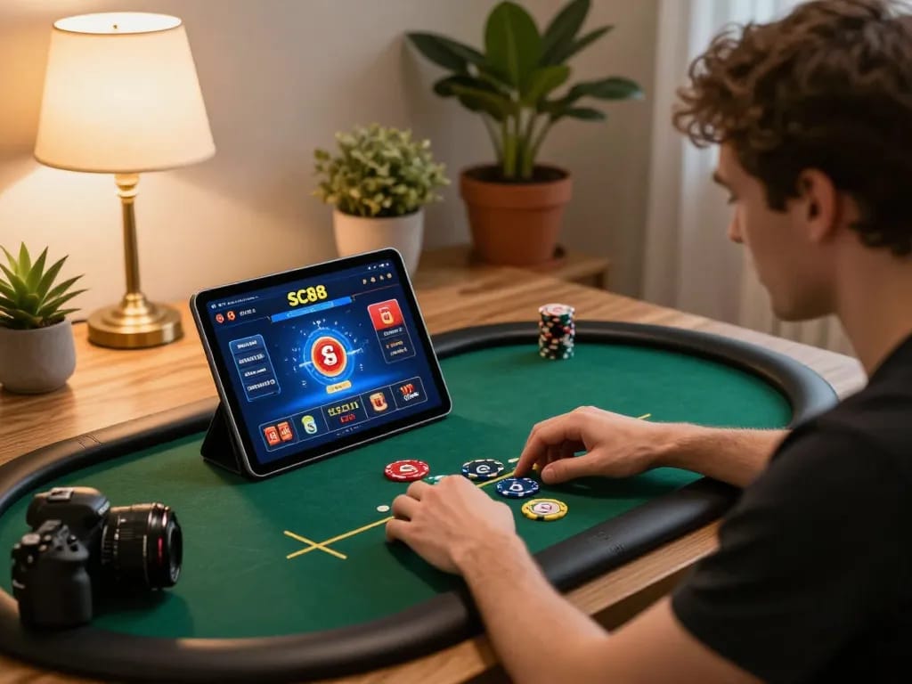 Player using SC88 online casino on tablet with poker strategy notes around, cozy home setup