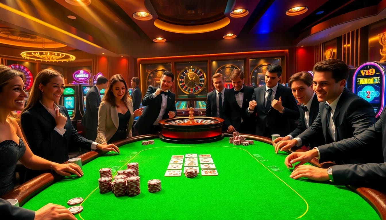Players engaging in a thrilling poker game at a luxurious casino showcasing vb9 gaming elements.