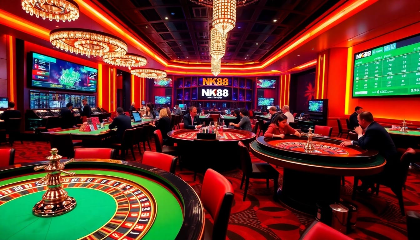 Players enjoying NK88's thrilling casino experience with vibrant tables and exciting games.