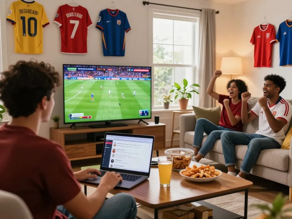 Cakhia sports streaming scene with friends enjoying a live soccer match at home