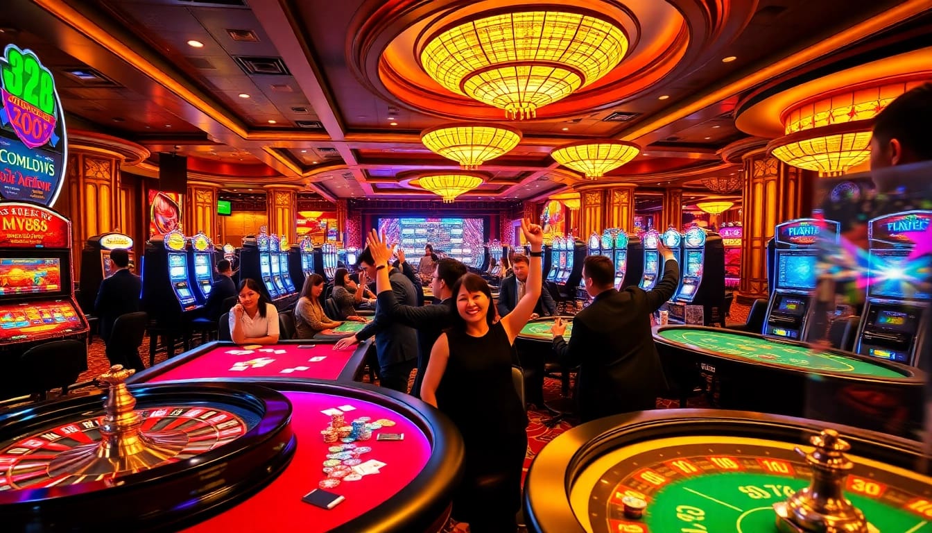 Excited players enjoy thrilling games at MV888 casino, showcasing vibrant slots and poker tables.