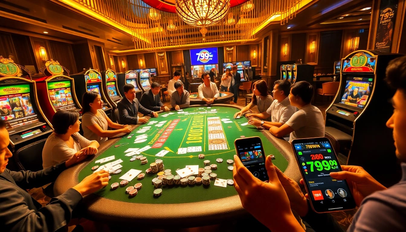 Engaged players at a vibrant poker table with 789win chips and betting slips.