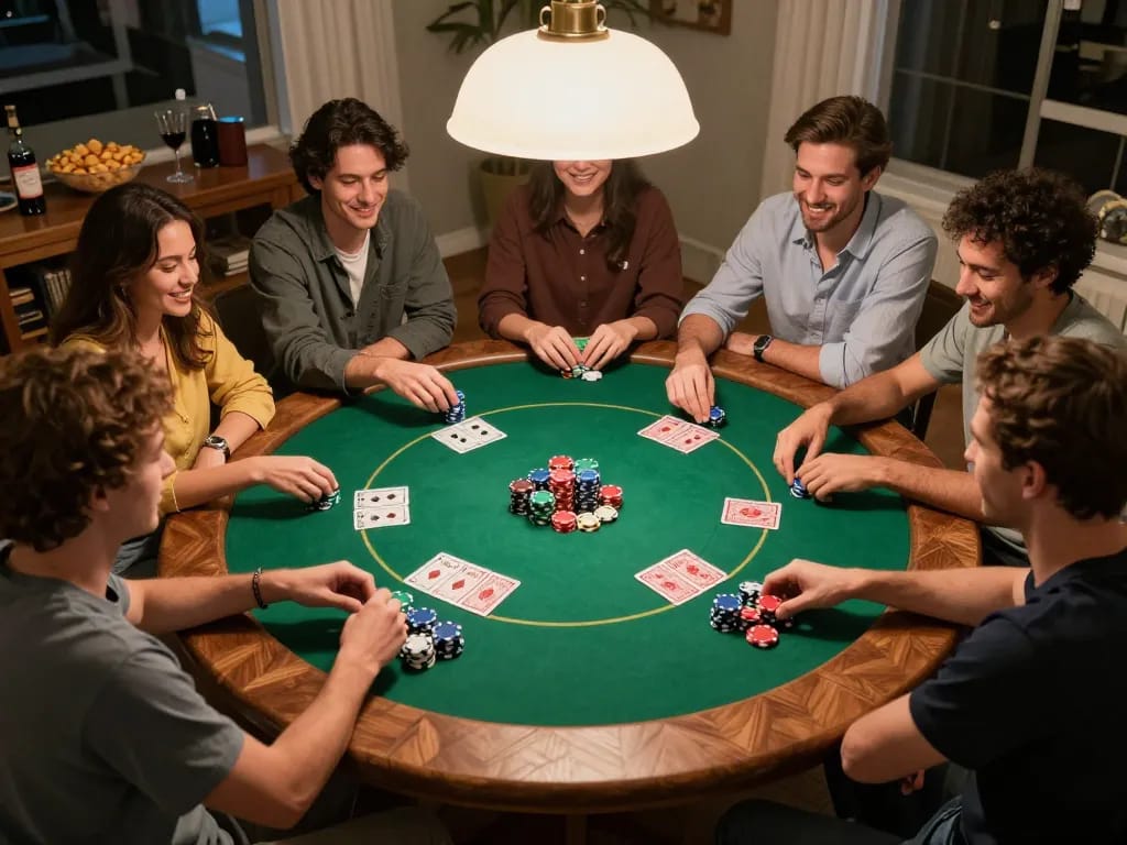 Friends enjoying a poker night at home, showcasing rr88 center gameplay excitement around a green felt table.