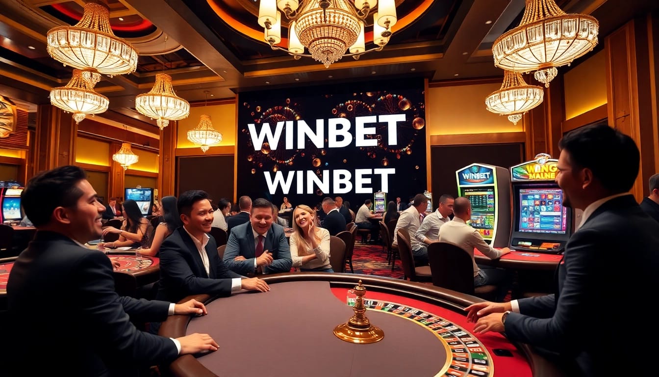 Experience the thrill of WINBET gaming with players enjoying poker and roulette in an elegant casino atmosphere.