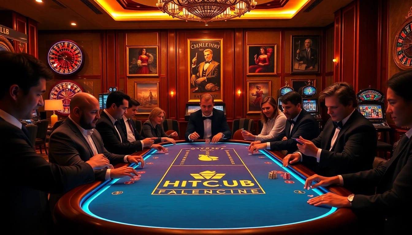 Players enjoying a game at the HITCLUB casino table, surrounded by poker chips and cards.