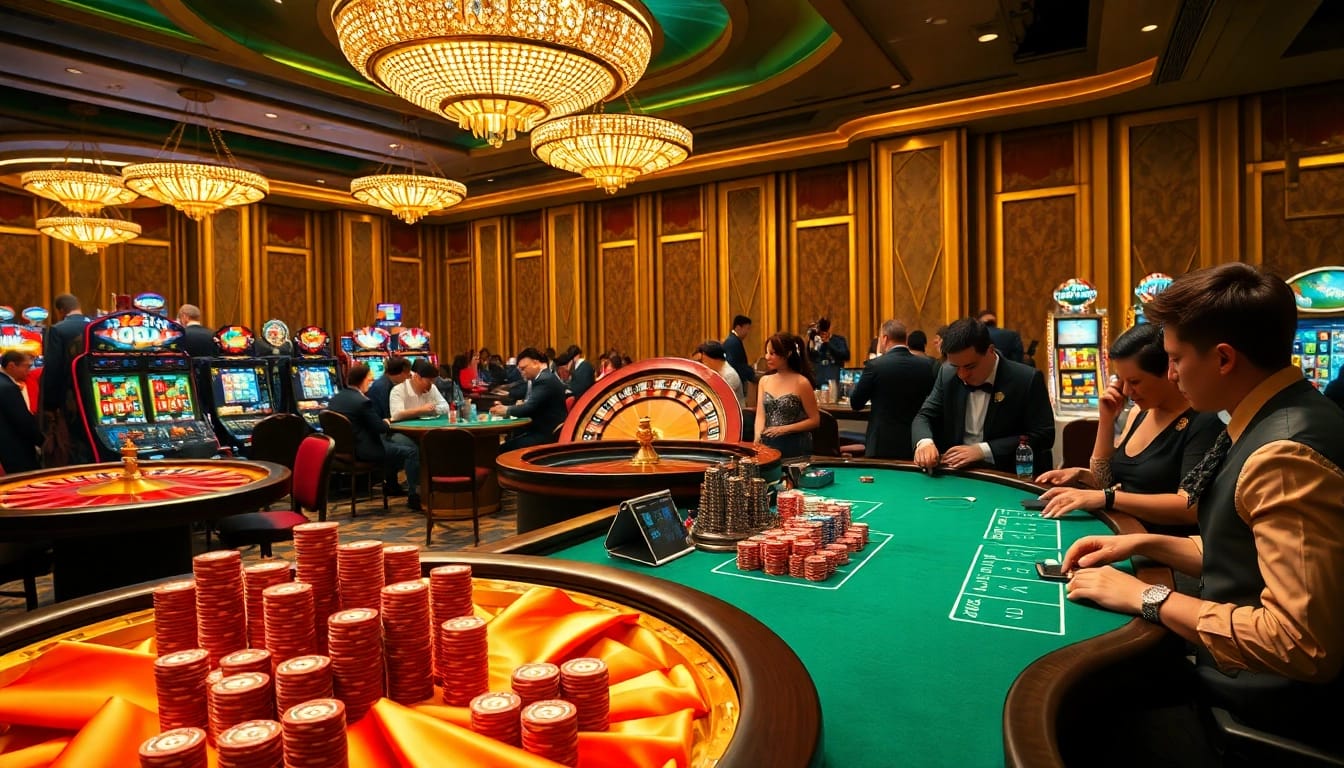 Experience the thrill of Nhà cái LC88 with a luxurious casino atmosphere featuring poker tables and vibrant slot machines.