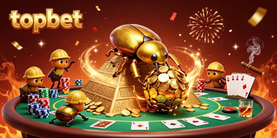 Experience topbet excitement with golden beetles rolling jackpot coins amidst colorful poker elements.