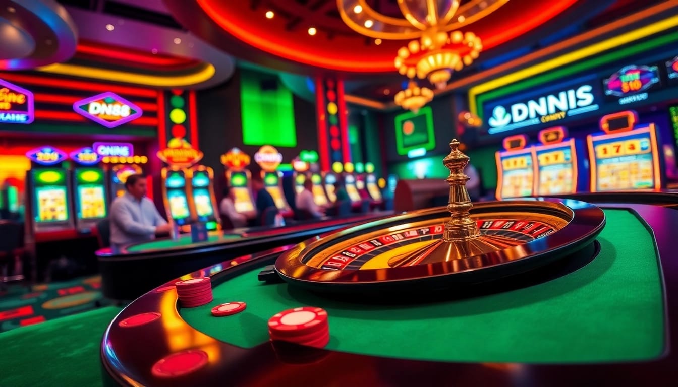 Exciting DN88 casino scene with vibrant poker chips and shining slot machines creating an inviting atmosphere.