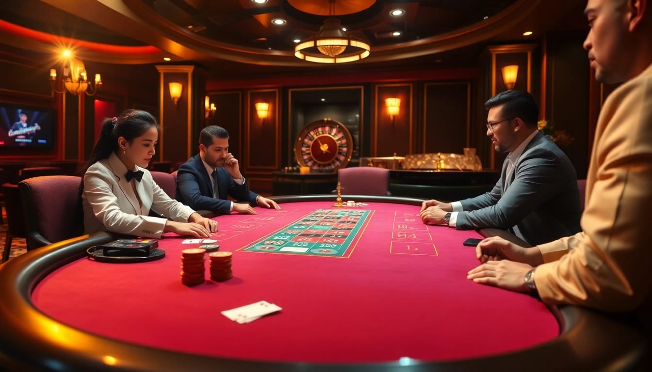 Professional players enjoy poker at vin777 com, surrounded by luxury and excitement in a casino setting.