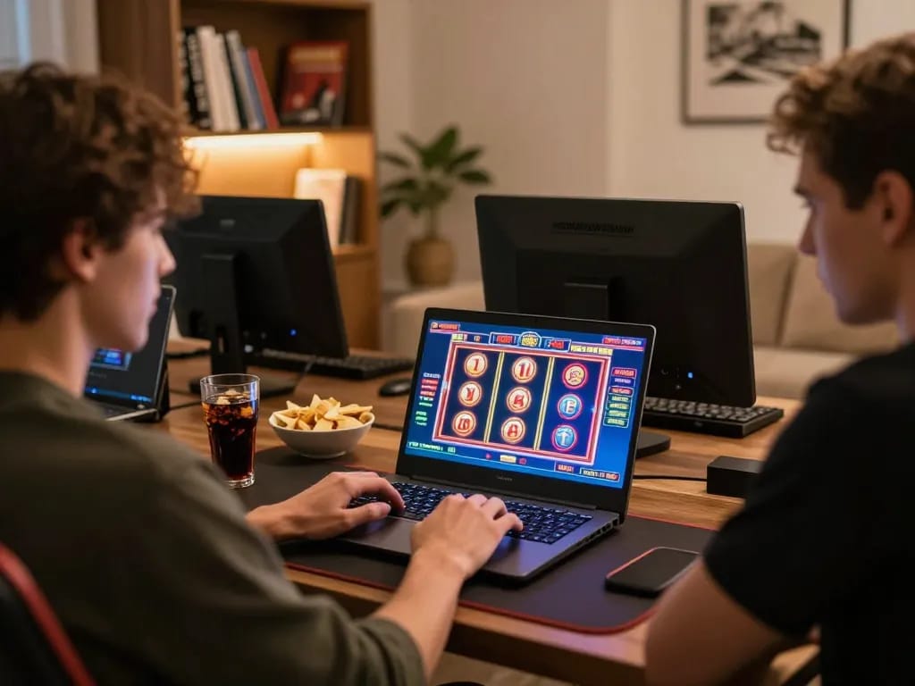 Engage with cm88 at home using a laptop for immersive online casino gaming, showcasing vivid slot graphics.