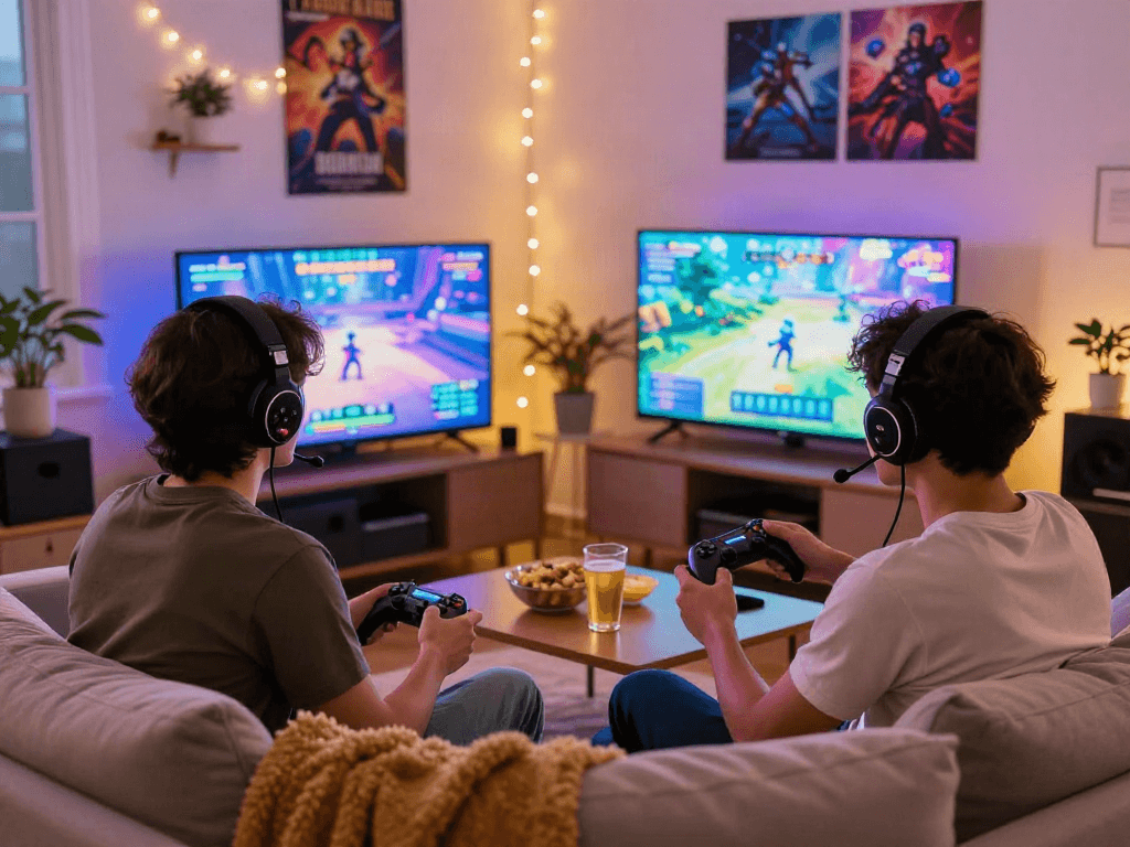 Couple enjoying an adult game night with snacks and vibrant visuals.