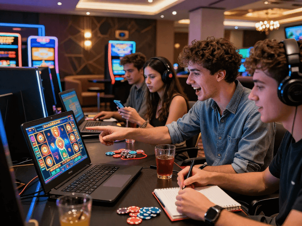 Diverse players enjoying an exciting session at a non gamstop casino, engaging with vibrant slot games on multiple devices, creating a lively and social atmosphere.