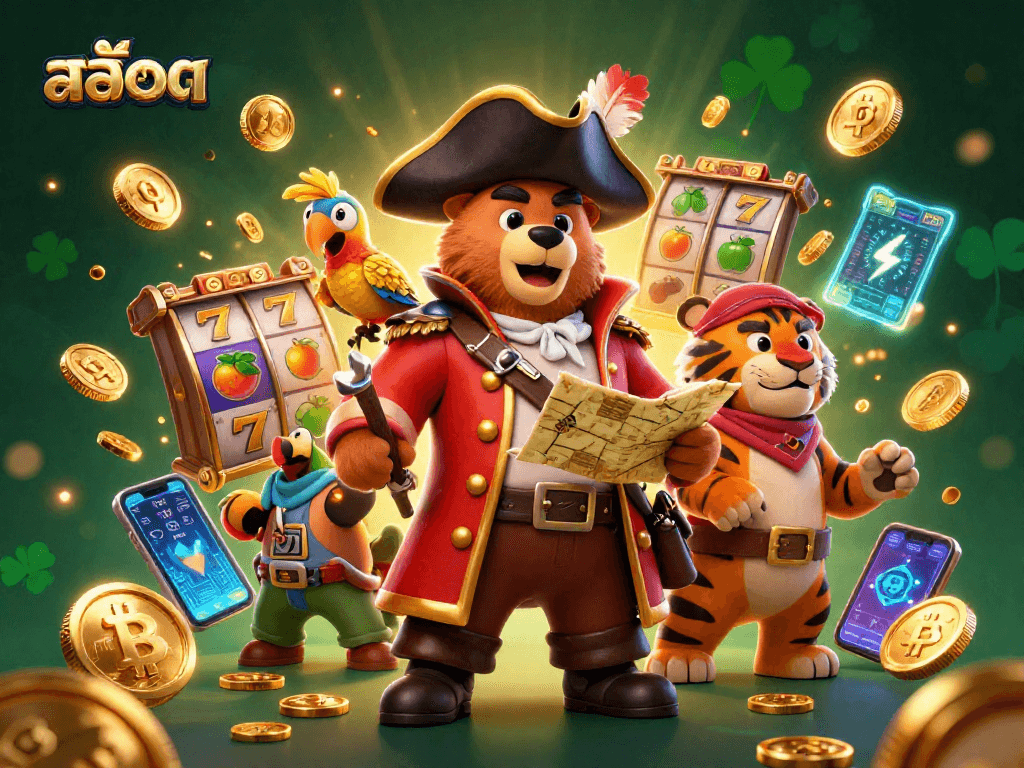 Spin the reels with สล็อต as a pirate bear and tiger uncover treasures in this themed 3D illustration.