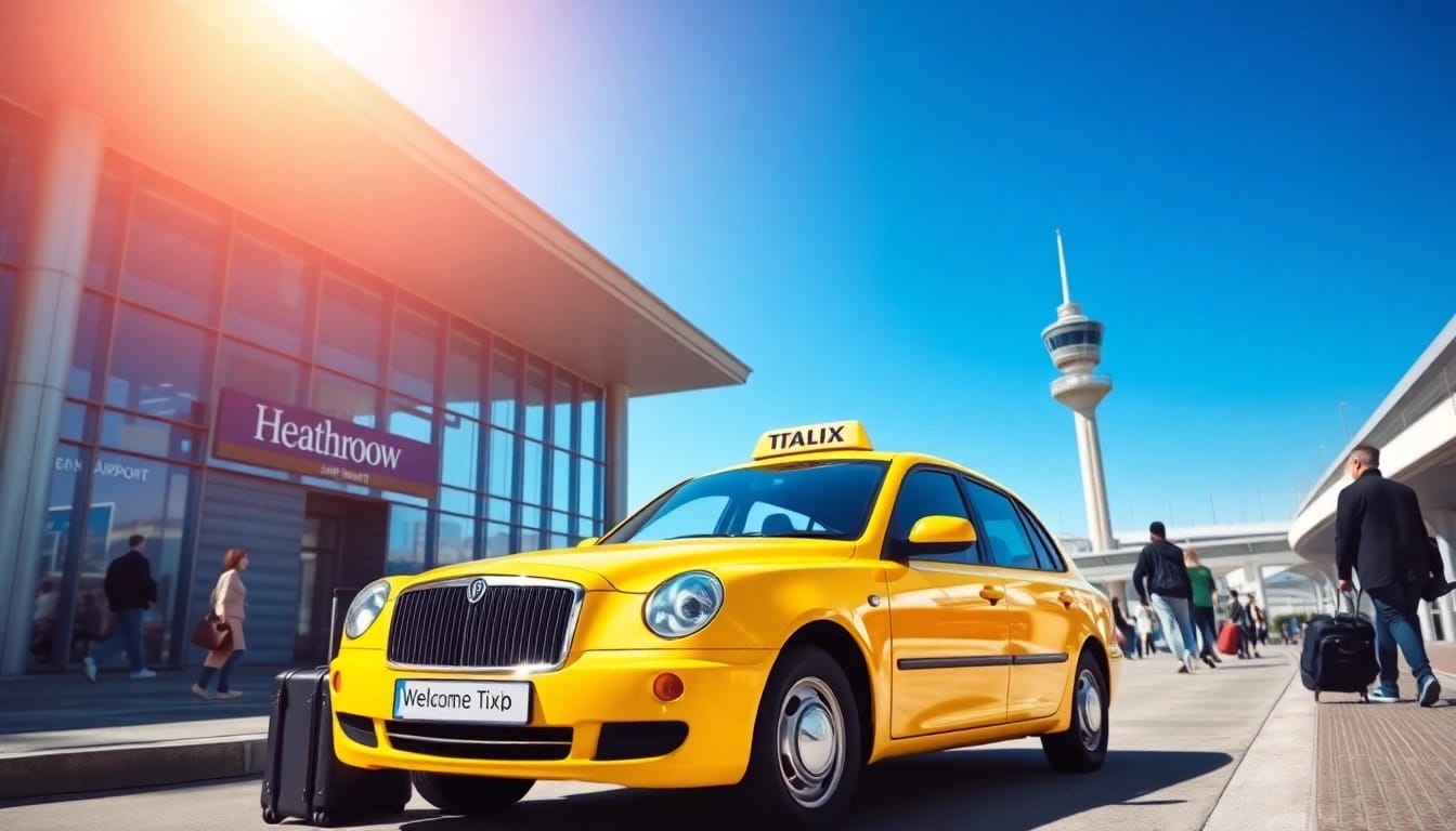 Taxi at Heathrow Airport ready for passengers with luggage nearby.