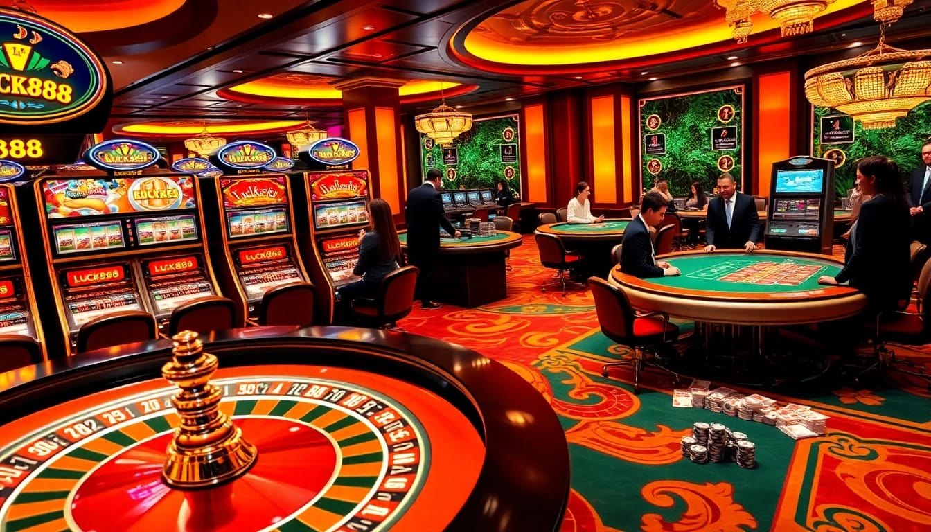 Players enjoying high-stakes excitement at LUCK888 casino tables surrounded by vibrant slot machines.