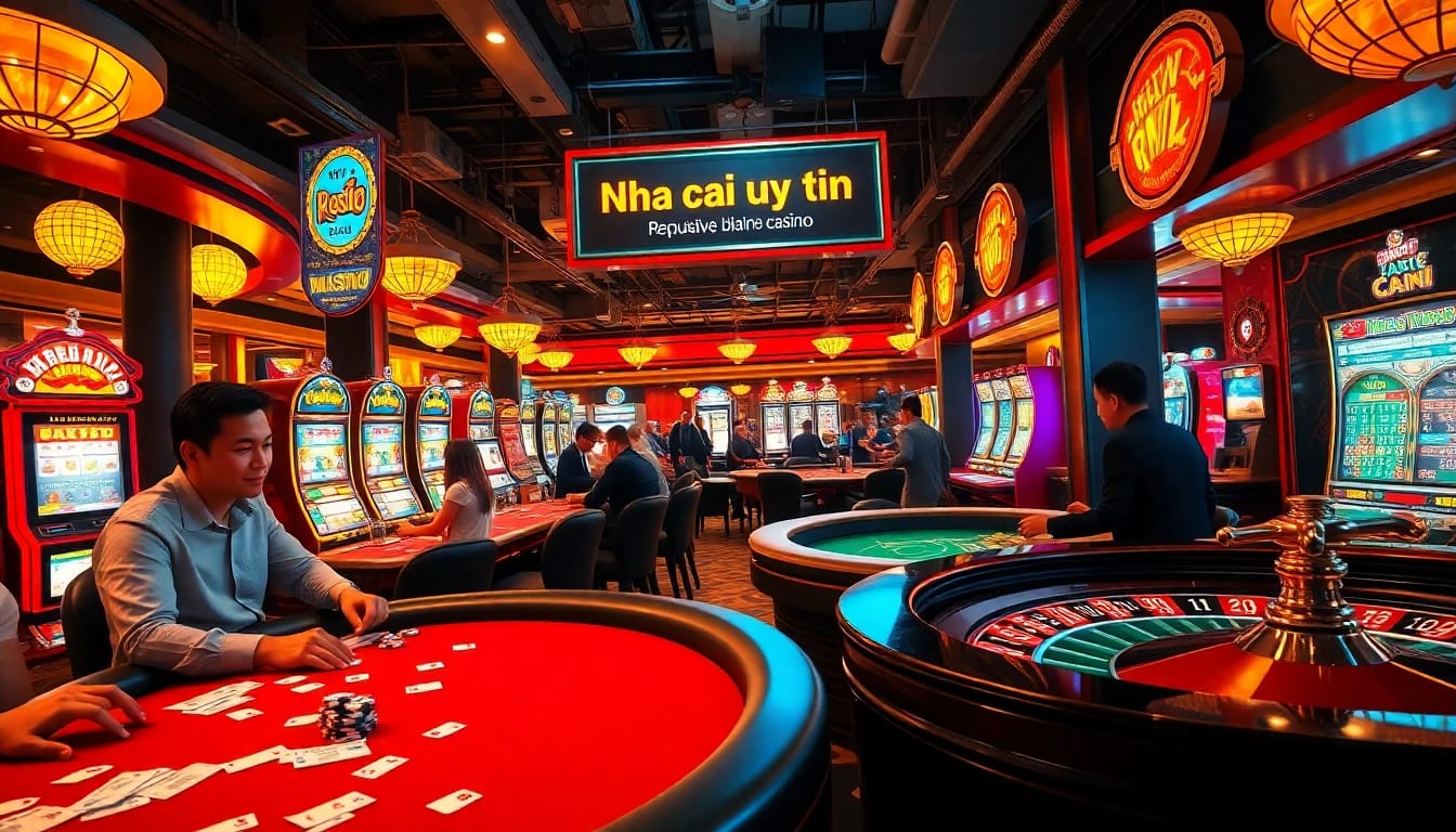 Experience the thrilling atmosphere at a Nha cai uy tin casino, where players engage passionately at poker tables amidst dazzling slot machines and dynamic roulette wheels.