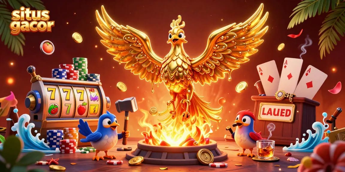 Experience a thrilling action-filled scene featuring the situs gacor with the golden phoenix and poker elements.
