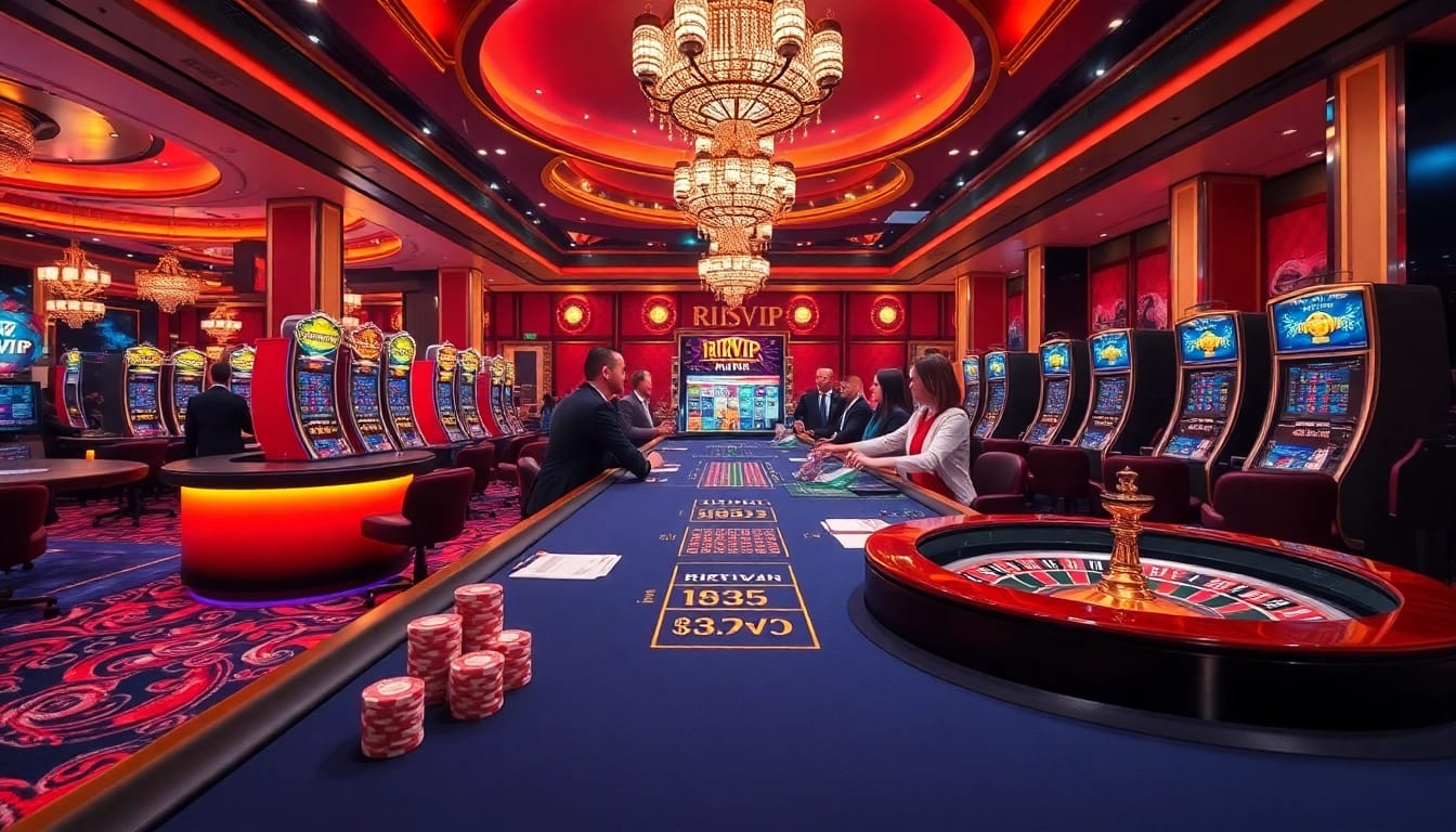 Players enjoying a high-stakes game at RIKVIP casino with vibrant slots and tables.