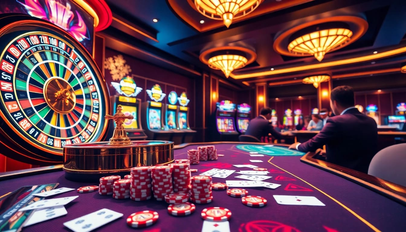Engage in thrilling games at 8kbet com, featuring vibrant online casino elements with poker tables and slot machines.