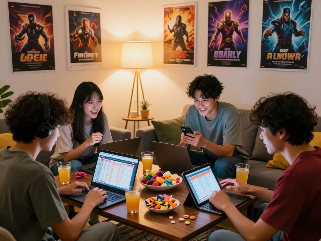 Engaging scene of friends strategizing while playing lô đề online, showcasing excitement and camaraderie in a cozy living room.