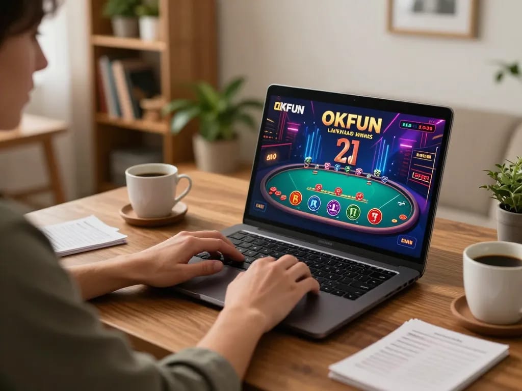 Engaging in online blackjack with OKFUN from a cozy home setup.