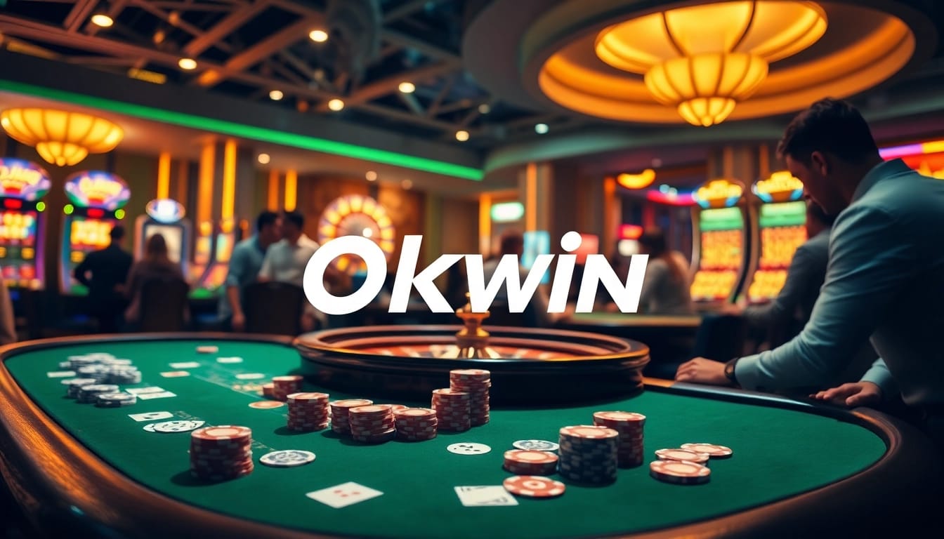 Okwin players passionately engaged at a vibrant casino table with poker chips and cards.