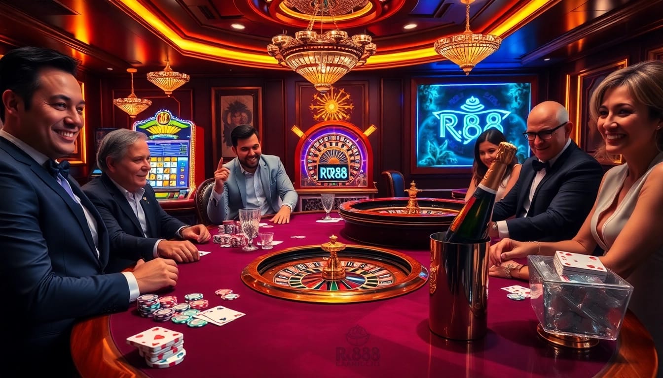 Excited players enjoying a high-stakes game at the RR88 casino poker table with colorful poker chips.