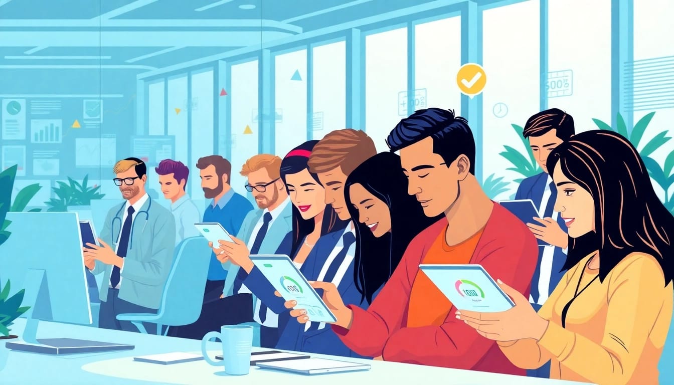 A professional team engaging with gamified solutions at a gamification company, showcasing interactive metrics and game elements.