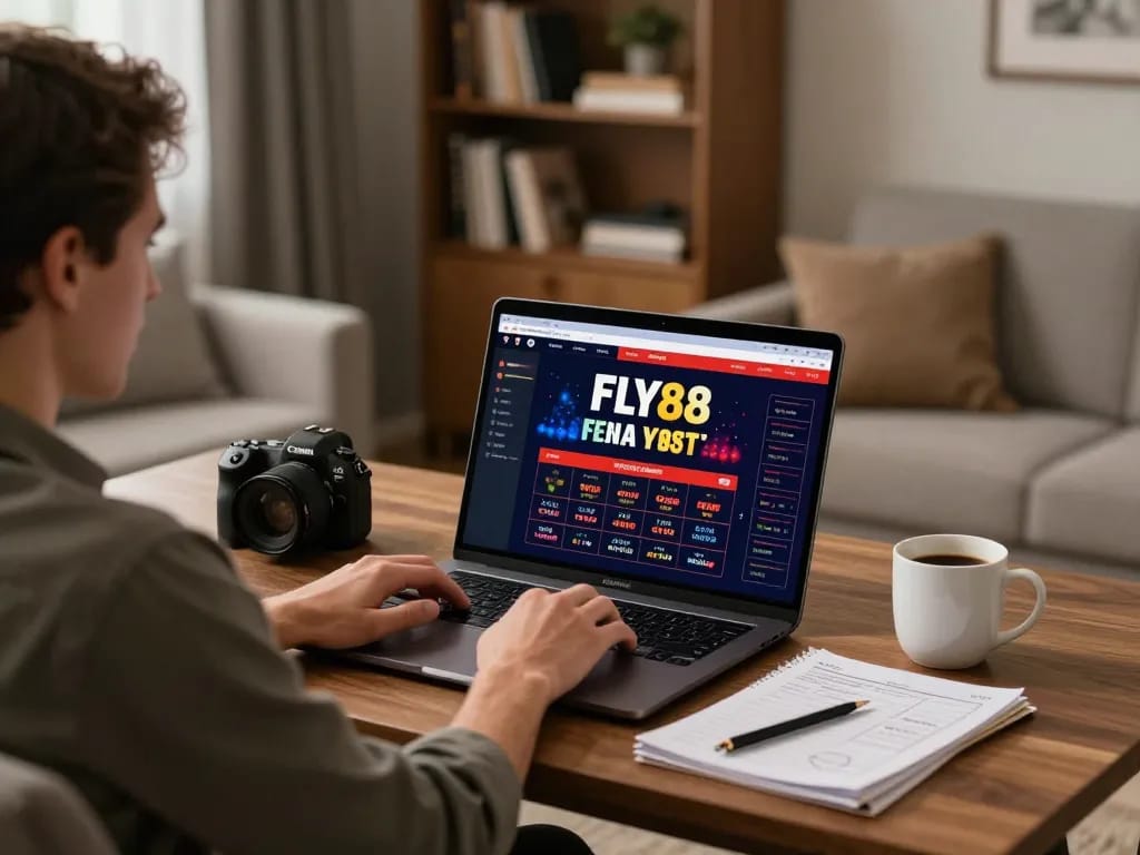 Engaged player using FLY88 online casino on laptop, highlighting thoughtful gambling strategy.
