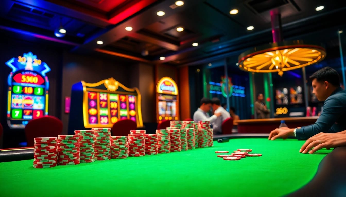 Get ready to win with go88 at a vibrant poker table featuring colorful chips and a spinning slot machine.